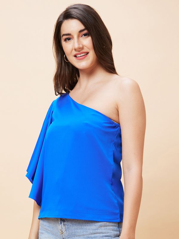 Globus Women Blue Solid One Shoulder Party Top