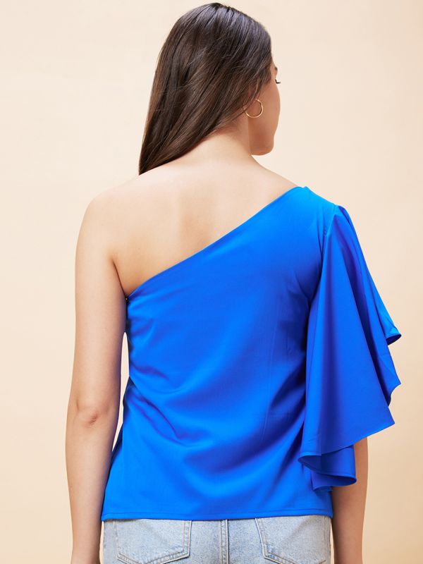 Globus Women Blue Solid One Shoulder Party Top