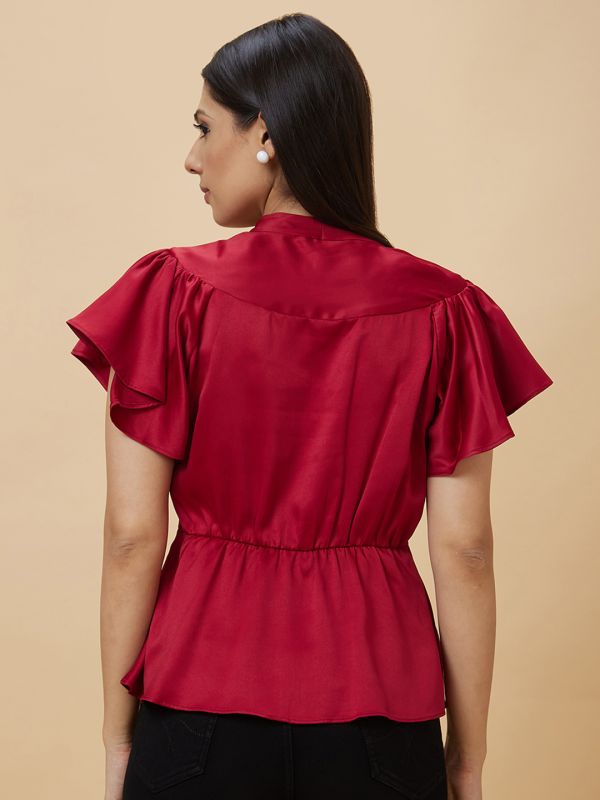 Globus Women Red V Neck Flutter Sleeve Peplum Party Top