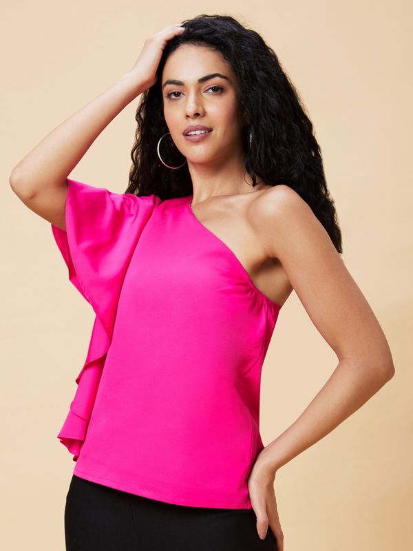 Globus Women Pink Solid One Shoulder Party Top