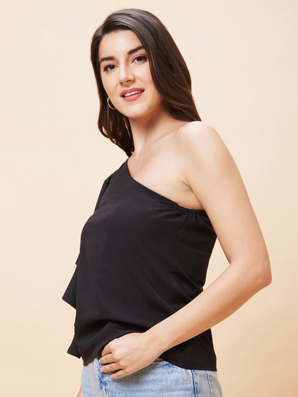 Globus Women Black Solid One Shoulder Party Top