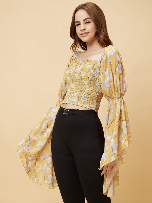 Globus Women Yellow Square Neck Long Flared Sleeves Smocking Detail Floral Print Smocked Crop Top