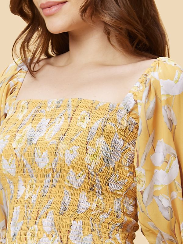 Globus Women Yellow Square Neck Long Flared Sleeves Smocking Detail Floral Print Smocked Crop Top