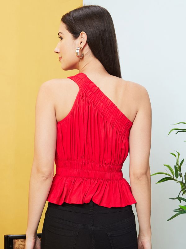 Globus Women Red Solid One Shoulder Peplum Party Top