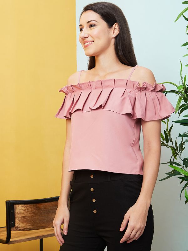 Globus Women Pink Solid Off-Shoulder Ruffled Party Top