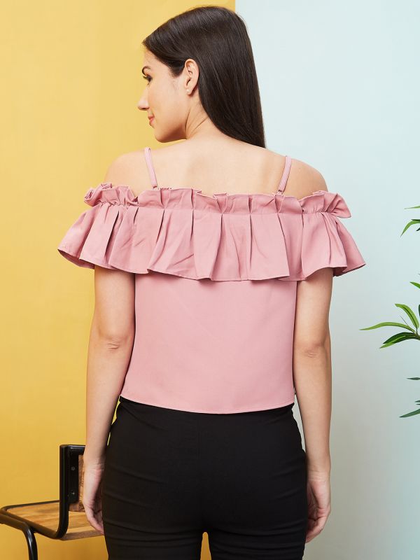 Globus Women Pink Solid Off-Shoulder Ruffled Party Top