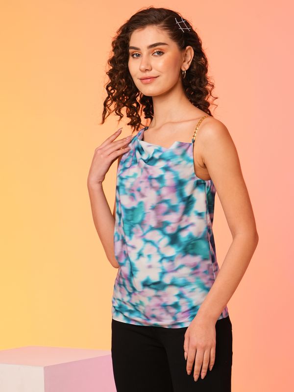 Globus Women Multi Green Tie Dye Chain Shoulder Party Top