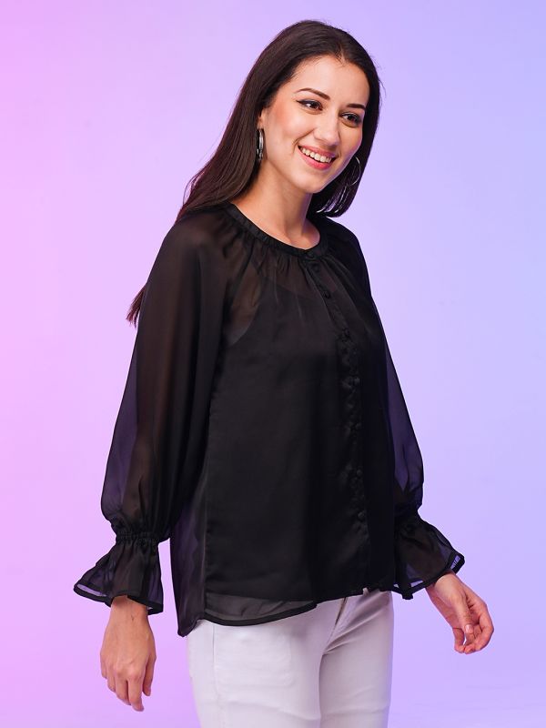 Globus Women Black Raglan Sleeve Button-Down Top