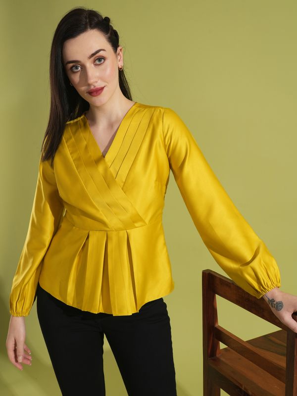 Globus Women Yellow Solid Wrap Neck Bishop Sleeves Pleated Detail Workwear Peplum Top