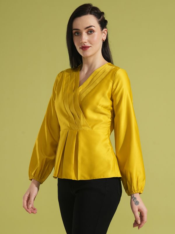 Globus Women Yellow Solid Wrap Neck Bishop Sleeves Pleated Detail Workwear Peplum Top