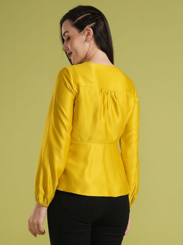 Globus Women Yellow Solid Wrap Neck Bishop Sleeves Pleated Detail Workwear Peplum Top