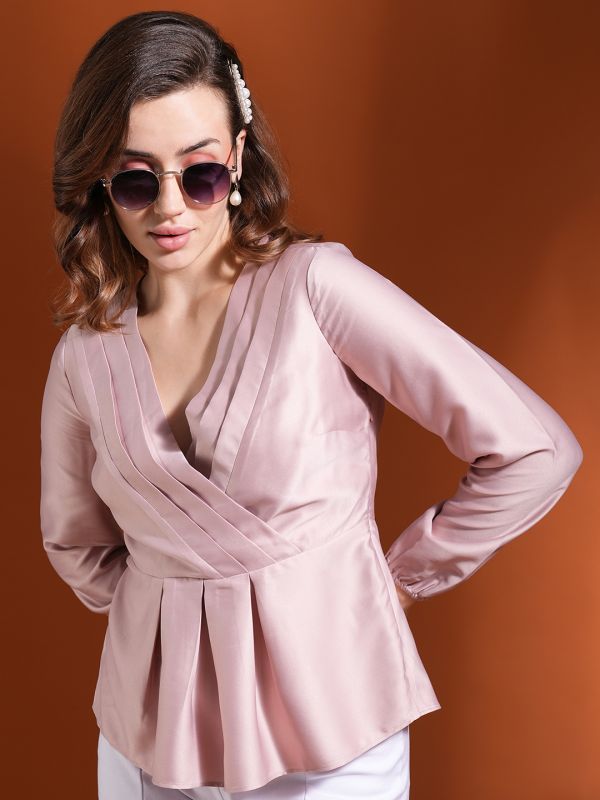 Globus Women Pink V-Neck Bishops Sleeves Satin Peplum WorkwearTop