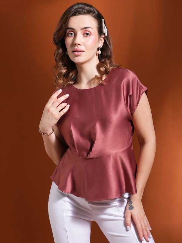 Globus Women Pink Satin Extended Sleeves Peplum Workwear Top