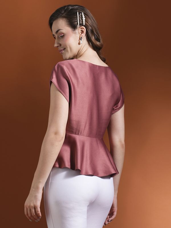 Globus Women Pink Satin Extended Sleeves Peplum Workwear Top