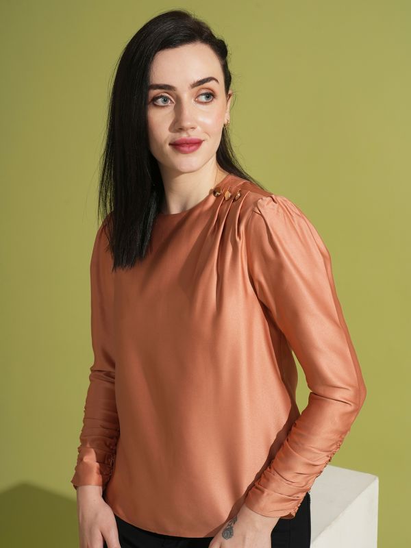 Globus Women Rust Solid Ruched Puff Sleeves Pleated Detail Curved Hem Party Top