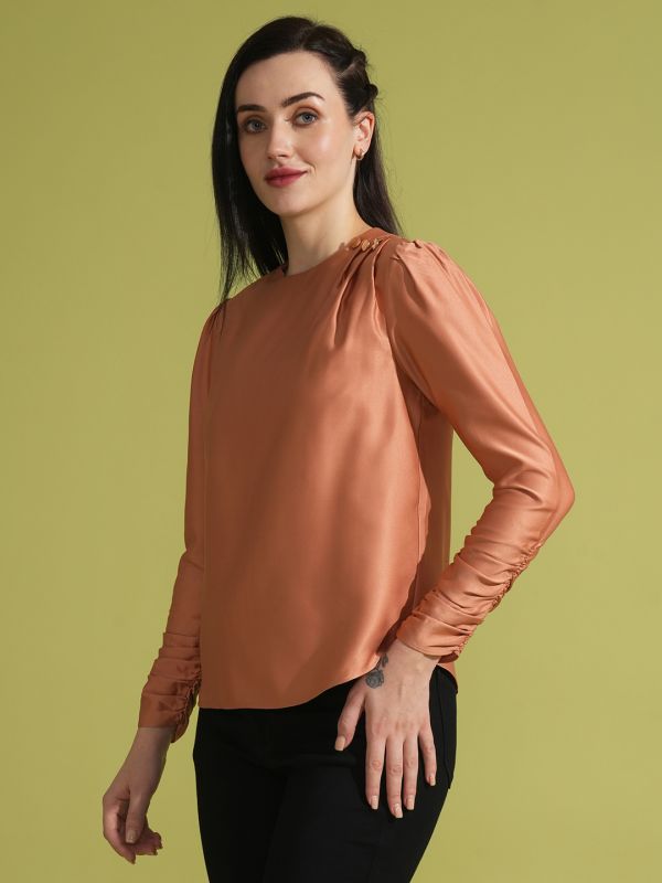 Globus Women Rust Solid Ruched Puff Sleeves Pleated Detail Curved Hem Party Top