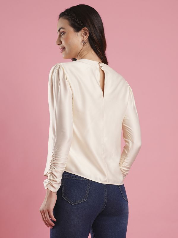 Globus Women White Crew Neck Side Button Closure Long Sleeves Satin Party Top