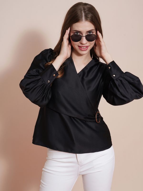 Globus Women Black Wrap Neck Cuffed Sleeves Buckle Detail Satin Workwear Top