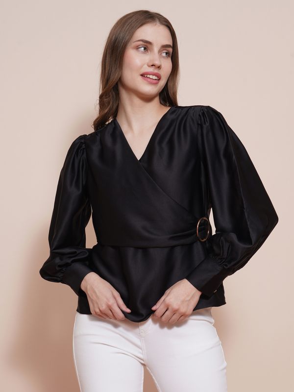 Globus Women Black Wrap Neck Cuffed Sleeves Buckle Detail Satin Workwear Top