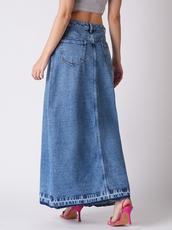 Globus Women Light Blue Front Slit Fringed A-Line Maxi Denim Skirt