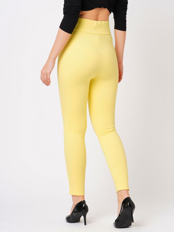 Globus Women Lime Yellow Stretchable Mid-Rise Pintuck Waist Skinny Fit Workwear Treggings