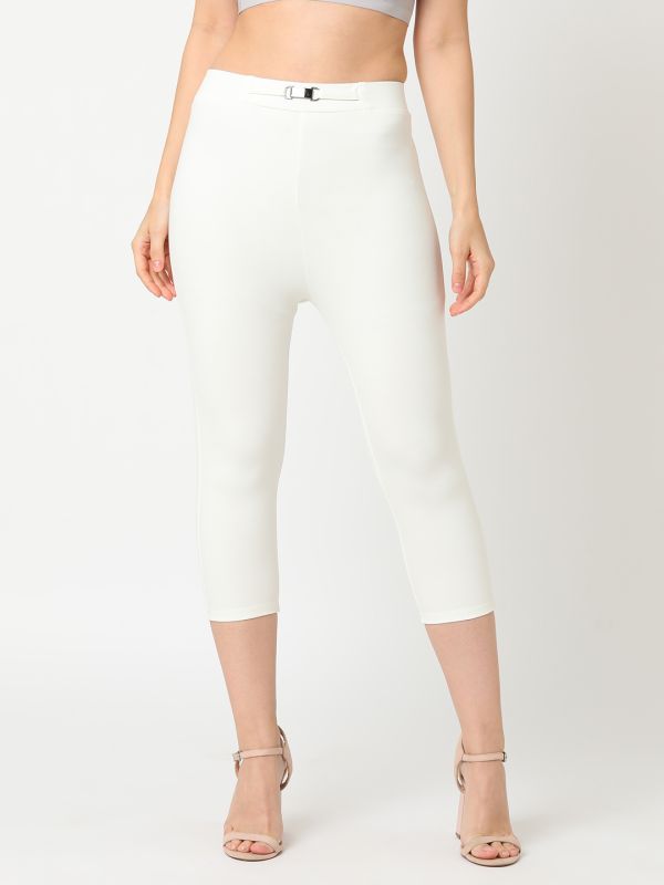 Globus Women Off White Stretchable High Rise Skinny Fit Workwear Capris