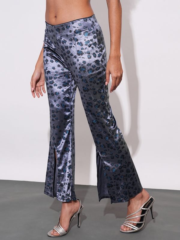 Globus Women Gunmetal Printed Polyester Flared Party Trousers