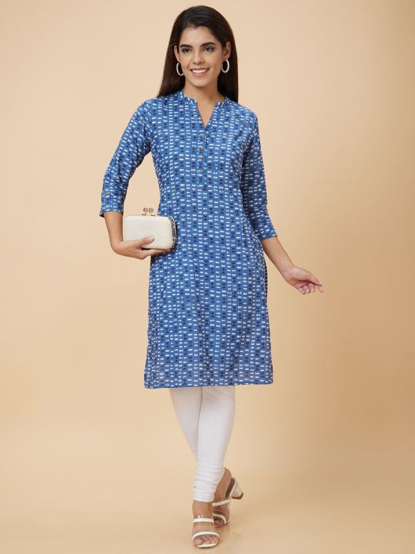 Globus Women Blue Mandarin Collar Geometric Print Straight Knee Length Kurta