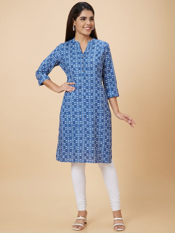 Globus Women Blue Mandarin Collar Geometric Print Straight Knee Length Kurta