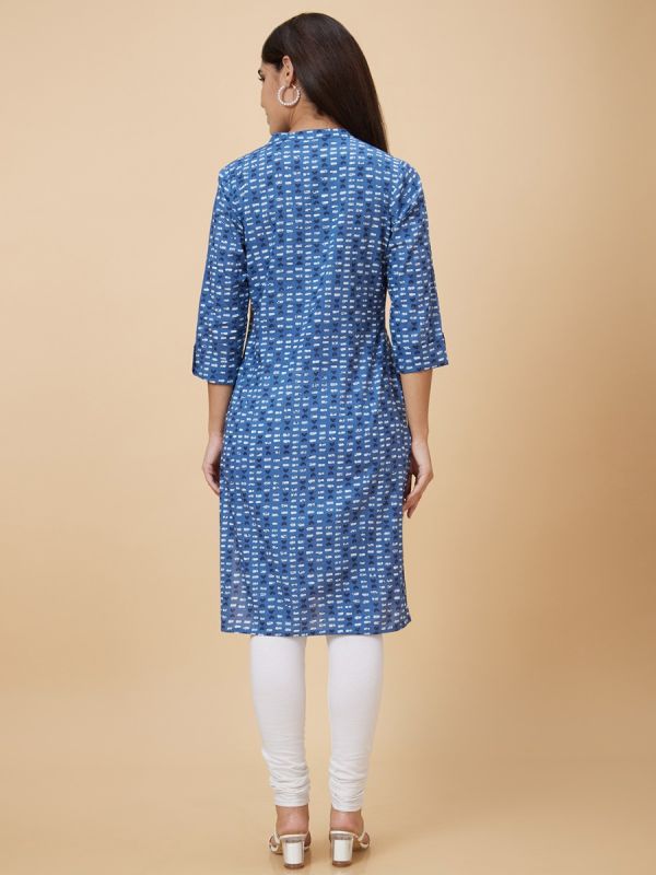 Globus Women Blue Mandarin Collar Geometric Print Straight Knee Length Kurta