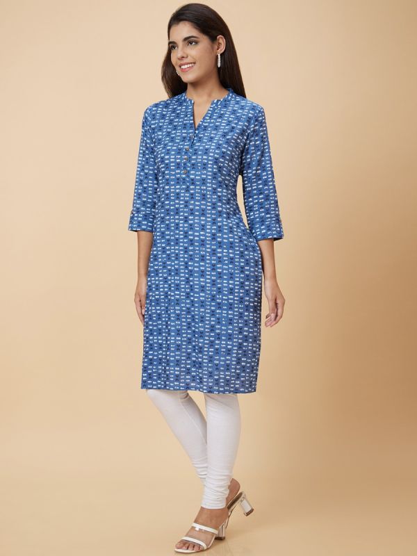 Globus Women Blue Mandarin Collar Geometric Print Straight Knee Length Kurta