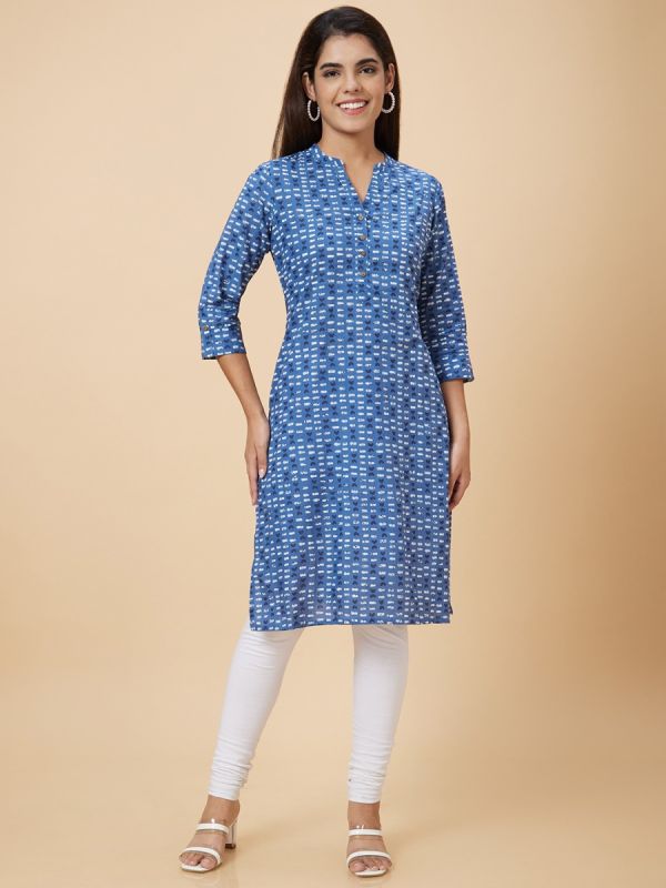 Globus Women Blue Mandarin Collar Geometric Print Straight Knee Length Kurta