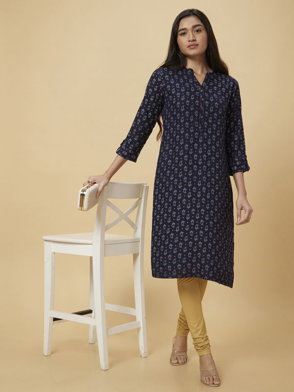 Globus Women Navy Blue Printed Straight Kurta