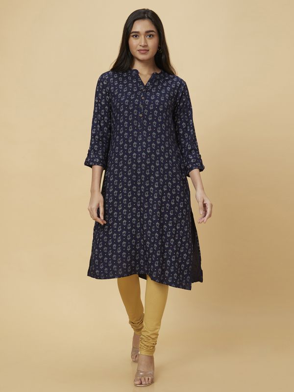 Globus Women Navy Blue Printed Straight Kurta