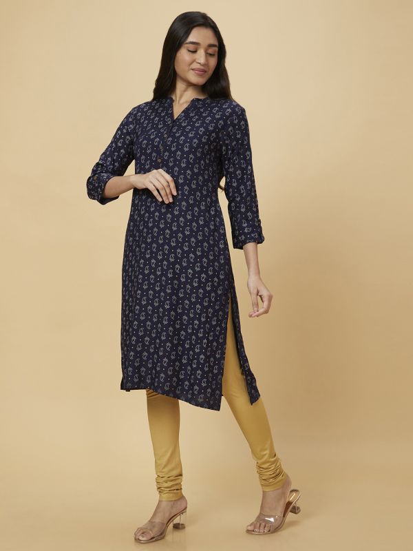 Globus Women Navy Blue Printed Straight Kurta