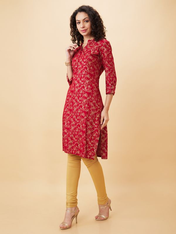 Globus Women Red Printed Mandarin Collar Straight Kurta