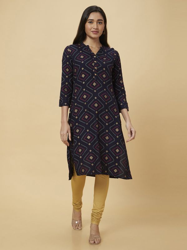 Globus Women Blue Printed Straight Kurta