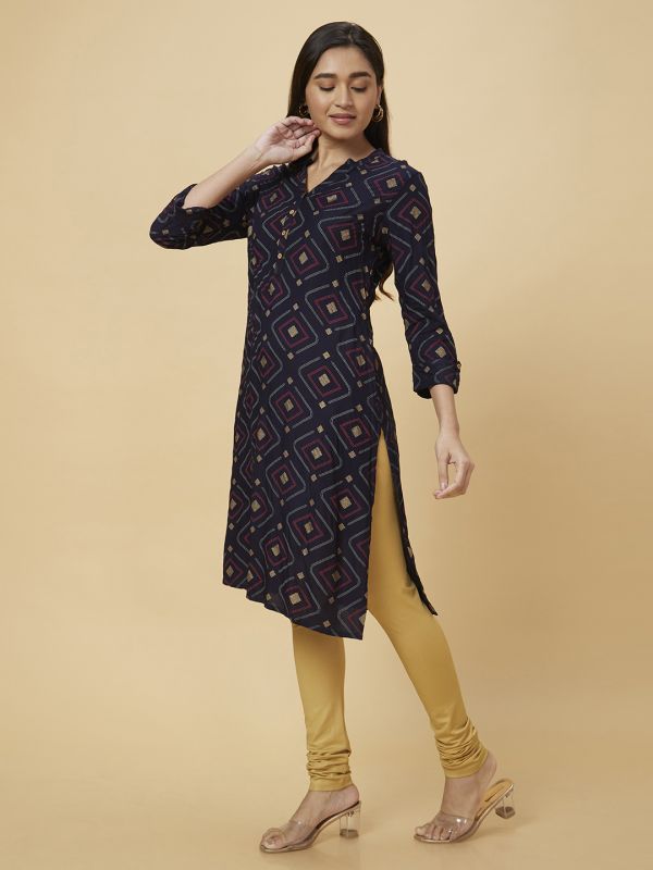 Globus Women Blue Printed Straight Kurta