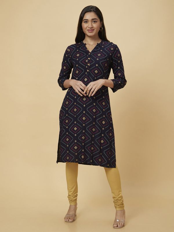 Globus Women Blue Printed Straight Kurta