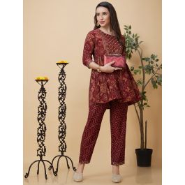 WomenMaroon Rayon Embroidery & Printed Round Neck Kurta Sets