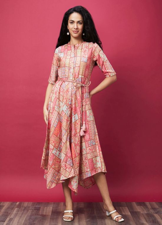 Globus Coral Mandarin Collar All Over Printed Belted Dress