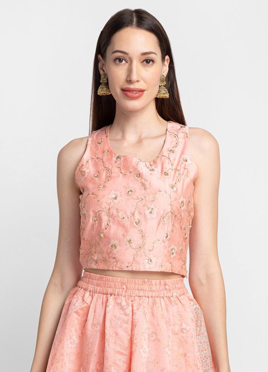 Globus Blush Pink Embroidered Sleeveless Ethnic Crop Top