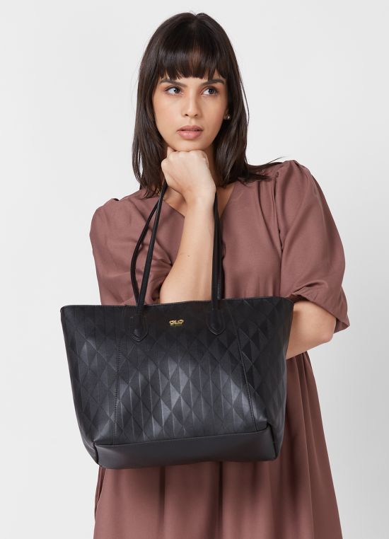 Globus Women Black Self Design Vegan Leather Tote Bag