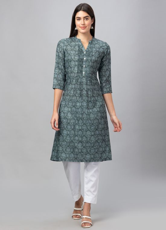 Globus Women Green Mandarin Collar A-Line Printed Kurta With Pleat Detail