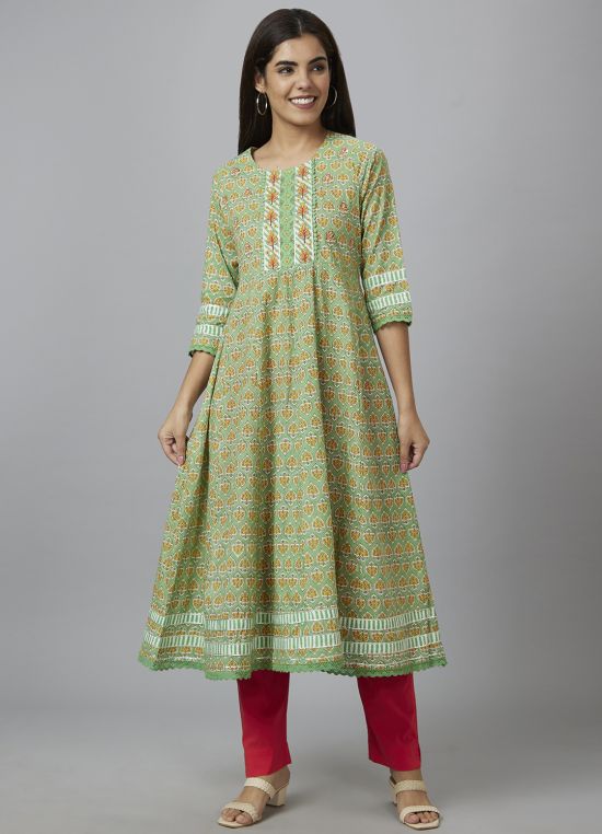 Globus Women Green Printed Anarkali Kurta