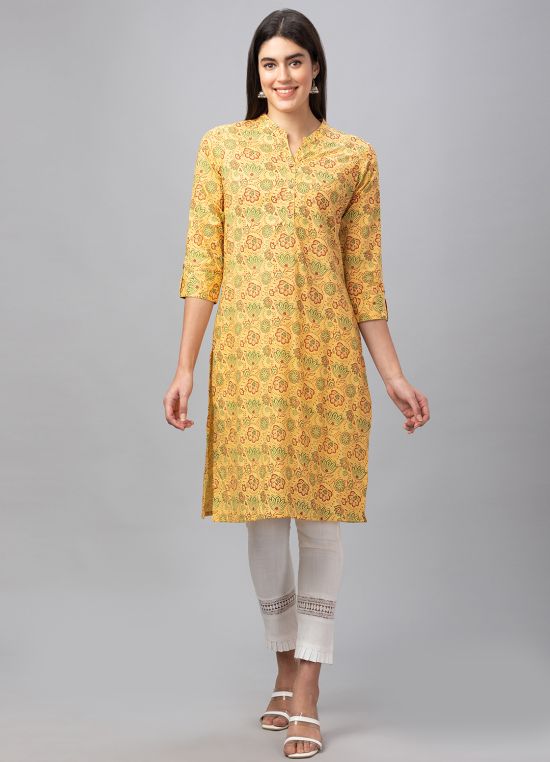 Globus Women Yellow Printed Mandarin Collar 3/4 Sleeves Straight Kurta