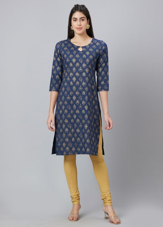 Globus Women Navy Printed Keyhole Neck Straight Kurta