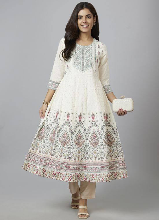 Globus Women Off White Printed Round Neck Anarkali Kurta