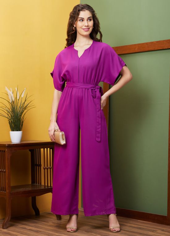 Globus Women Purple Round Neck With V Cut & Kimono Sleeves Waist Tie-Up Longline Jumpsuit