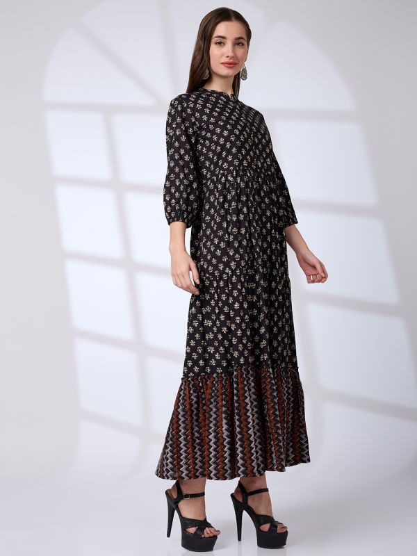 Solid Black Maxi Dress With Printed Front Yoke & Madarin Collar